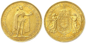 Gold der Habsburger Erblande und Österreichs - Haus Habsburg - Franz Joseph I., 1848-1916
10 Korona 1908 KB. Stehender Herrscher. Für Ungarn. 3,39 g....