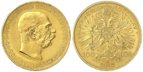 Gold der Habsburger Erblande und Österreichs - Haus Habsburg - Franz Joseph I., 1848-1916
100 Kronen 1915, offizielle Neuprägung. 33,88 g. 900/1000. ...