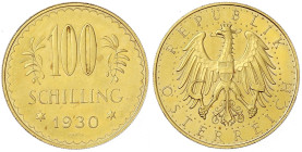 Gold der Habsburger Erblande und Österreichs - Republik Österreich - 1. Republik, 1918-1938
100 Schilling 1930. 23,52 g. 900/1000. gutes vorzüglich, ...
