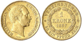 Altdeutsche Goldmünzen und -medaillen - Bayern - Maximilian II., 1848-1864
Vereinskrone 1857. 11,10 g. Auflage nur 771 Ex. vorzüglich, äußerst selten...