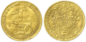Altdeutsche Goldmünzen und -medaillen - Stolberg-Stolberg - Christoph Ludwig II. und Friedrich Botho, 1739-1761
Dukat 1748, im Stempel geändert aus 1...