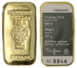 Gold-, Platin-, Palladiumbarren - Goldbarren - 
Heraeus-Goldbarren zu 100 g. 999,9 Original eingeschweißt mit Zertifikat. Stempelglanz