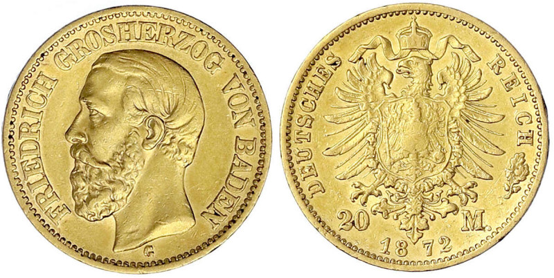 Reichsgoldmünzen - Baden - Friedrich I., 1856-1907
20 Mark 1872 G. fast vorzügl...