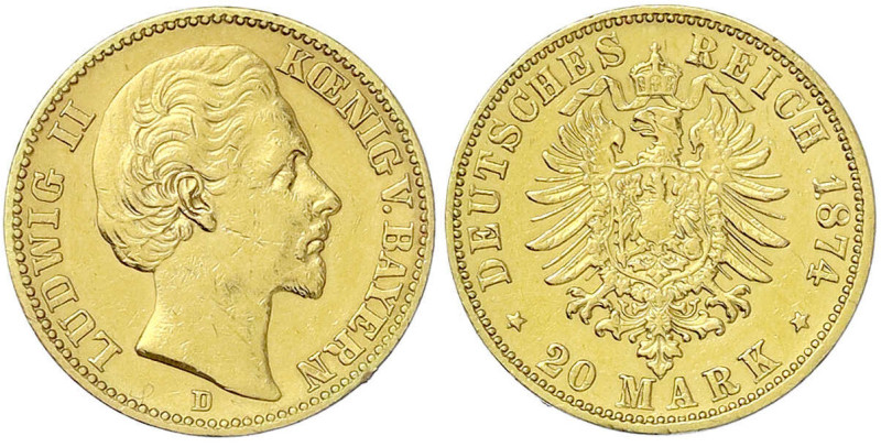 Reichsgoldmünzen - Bayern - Ludwig II., 1864-1886
20 Mark 1874 D. gutes sehr sc...