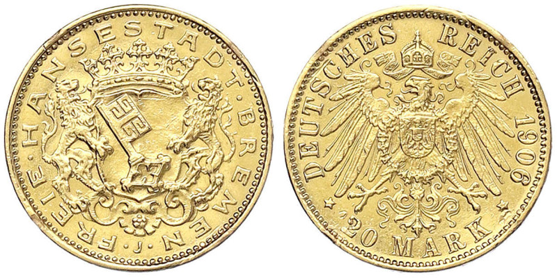 Reichsgoldmünzen - Bremen - 
20 Mark 1906 J. sehr schön/vorzüglich, Fassungsspu...