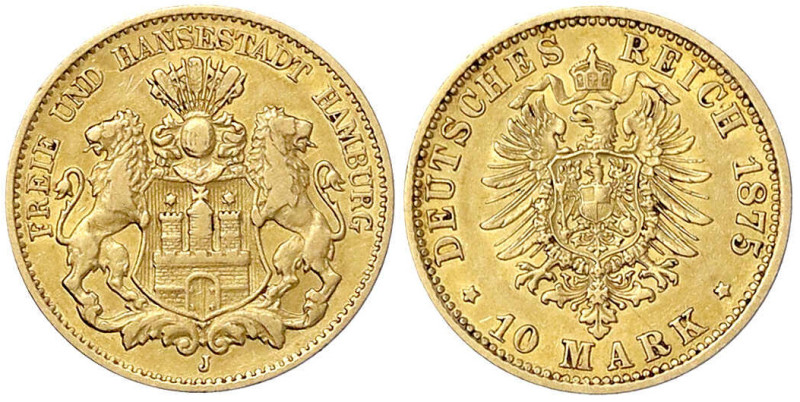 Reichsgoldmünzen - Hamburg - 
10 Mark 1875 J. sehr schön/vorzüglich Jaeger 209....