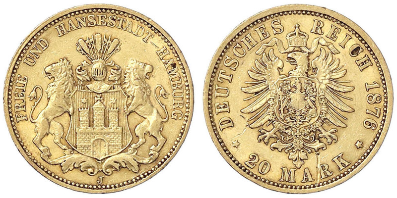 Reichsgoldmünzen - Hamburg - 
20 Mark 1876 J. vorzüglich, kl. Kratzer Jaeger 21...