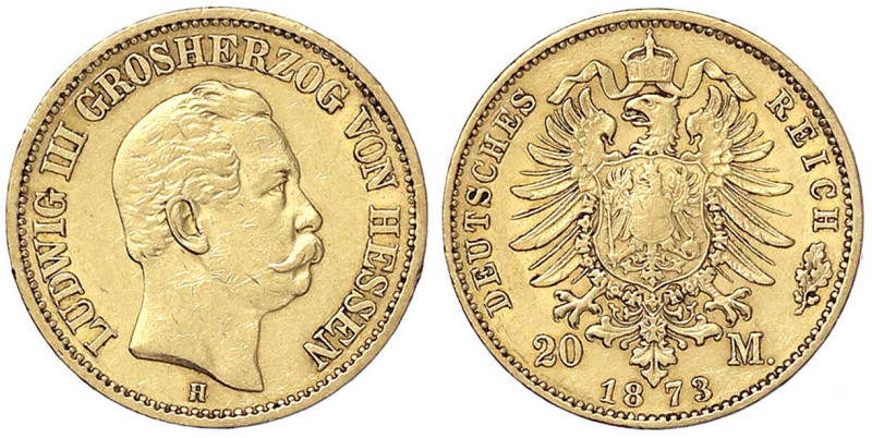 Reichsgoldmünzen - Hessen - Ludwig III., 1848-1877
20 Mark 1873 H. gutes sehr s...