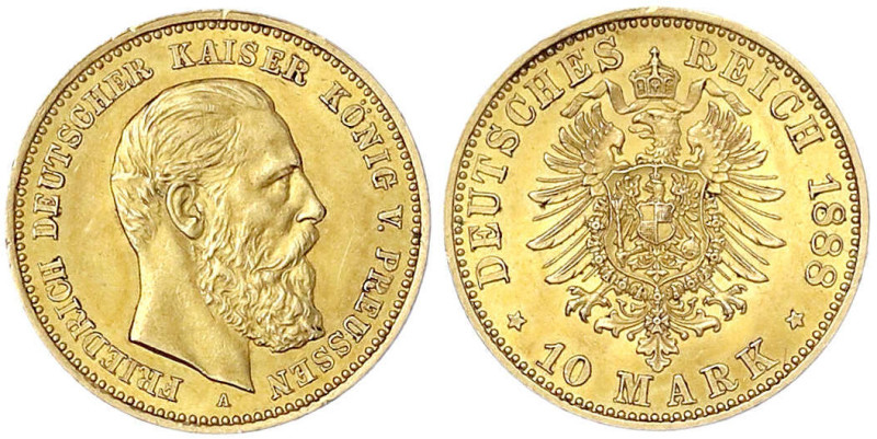 Reichsgoldmünzen - Preußen - Friedrich III., 1888
10 Mark 1888 A. gutes vorzügl...