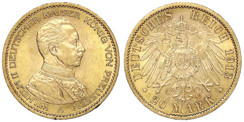 Reichsgoldmünzen - Preußen - Wilhelm II., 1888-1918
20 Mark 1913 A. Kaiser in U...