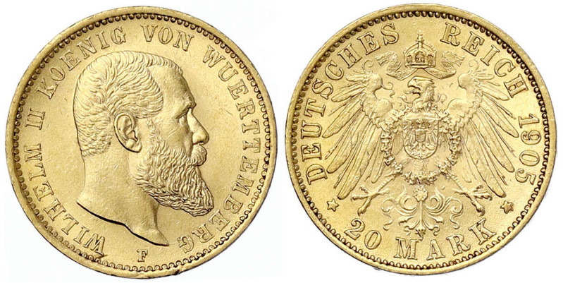 Reichsgoldmünzen - Württemberg - Wilhelm II., 1891-1918
20 Mark 1905 F. vorzügl...