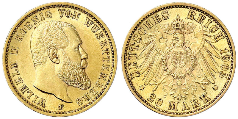 Reichsgoldmünzen - Württemberg - Wilhelm II., 1891-1918
20 Mark 1905 F. vorzügl...