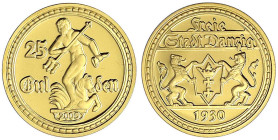 Gold der deutschen Kolonien u. Nebengebiete - Danzig - Freie Stadt, 1920-1939
Neuprägung zum 25 Gulden 1930 (2005). 3,53 g. 585/1000. Polierte Platte...