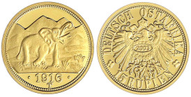 Gold der deutschen Kolonien u. Nebengebiete - Deutsch-Ostafrika - Notmünzen aus Tabora, 1916
Neuprägung zum 15 Rupien-Stück 1916 T, Elefant (2003). 3...