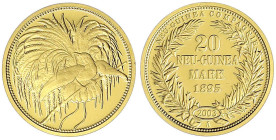 Gold der deutschen Kolonien u. Nebengebiete - Neuguinea - Neu-Guinea Compagnie
Neuprägung zum 20 Neu-Guinea Mark-Stück 1895 A (2003). 3,54 g. 585/100...