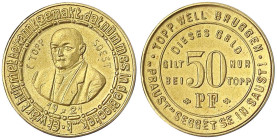 Notmünzen aus Gold - Soest - 
Goldabguss zum 50 Pf. TOPP WELL BRUGGEN 1921 Brb. im Anzug/Wert, jew. Umschrift. 7,20 g. 900/1000. vorzüglich, von größ...