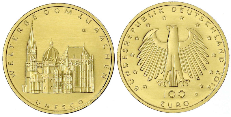 Goldmünzen der Bundesrepublik Deutschland - Euro, ab 2002 - 
100 Euro 2012 D, A...