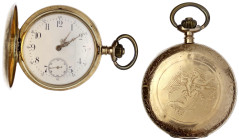 Uhren aus Gold - Taschenuhren - 
Schweizer Herrensavonette um 1900. Gelbgold 585/1000 mit schöner Gravur Engel trägt Kind. 50 mm; 82,93 g. Glas locke...