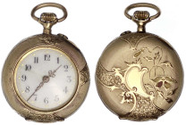 Uhren aus Gold - Taschenuhren - 
Schweizer Damentaschenuhr um 1900. Gelbgold 585/1000. Hersteller SC. 28 mm; 17,35 g. Zifferblatt Haarrisse. Werk läu...
