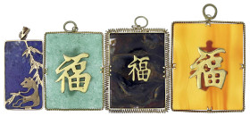 Schmuck und Accessoires aus Gold - Konvolute Goldschmuck - 
4 chinesische Anhänger, alles Glücksbringer: jeweils in 585/1000 Gold gefasster rechtecki...