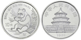 CHINA und Südostasien - China - Volksrepublik, seit 1949
10 Yuan Panda 1991. Panda mit Bambuszweig, an Gewässer sitzend. Small Date. In Kapsel. Stemp...