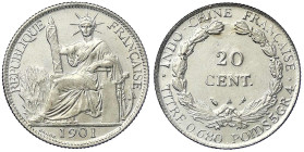 CHINA und Südostasien - Französisch Indochina - 
20 Centimes 1901 A. gutes vorzüglich, selten Krause/Mishler 10.