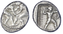 Altgriechische Münzen - Pamphylia - Aspendos
Stater 375/330 v. Chr. Zwei Ringer beim Kampf/Schleuderer im kurzen Chiton, mit gespannter Schleuder r.,...