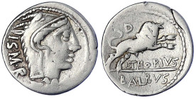 Römische Münzen - Römische Republik - L. Thorius Balbus, 105 v. Chr
Denar 105 v. Chr. ISMR. Kopf der Juno Sospita mit Ziegenfell r./L. THORIVS BALBVS...