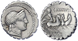 Römische Münzen - Römische Republik - C. Naevius Balbus, 79 v. Chr
Denar Serratus 79 v. Chr. Kopf der Iuno Moneta(?) n.r., l. SC/C. NAE. BALB. Victor...