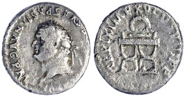 Römische Münzen - Kaiserzeit - Titus, 79-81
Denar TRP IX = 80. Belorb. Brb. l./Kranz auf kurulischem Stuhl. 2,95 g. fast sehr schön RIC 25b.