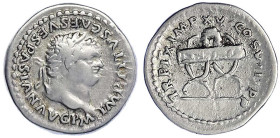 Römische Münzen - Kaiserzeit - Titus, 79-81
Denar TRP IX = 80. Belorb. Brb. r./Kranz auf kurulischem Stuhl. 3,29 g. sehr schön RIC 108.