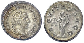 Römische Münzen - Kaiserzeit - Philippus I. Arabs, 244-249
Antoninian 244/247. Drap. Brb. mit Strahlenbinde r./AEQVITAS AVGG. Aequitas steht l. mit F...