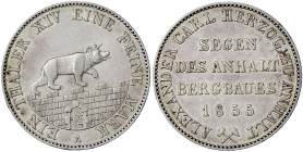 Altdeutsche Münzen und Medaillen - Anhalt-Bernburg - Alexander Carl, 1834-1863
Ausbeutetaler 1855 A. vorzüglich, winz. Randfehler Jaeger 66. Thun 3. ...