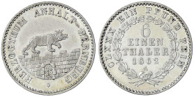 Altdeutsche Münzen und Medaillen - Anhalt-Bernburg - Alexander Carl, 1834-1863
1/6 Taler 1862 A vorzüglich/Stempelglanz Jaeger 71. AKS 19.