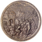 Altdeutsche Münzen und Medaillen - Augsburg-Stadt - 
Einseitige Bronzegussmedaille o.J., von Hans Jakob Bayr? Die drei Engel übermitteln die Botschaf...