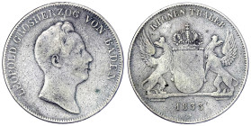 Altdeutsche Münzen und Medaillen - Baden-Durlach - Leopold, 1830-1852
Kronentaler 1833. Stern unter Jahreszahl und Punkt hinter Baden. schön, Henkels...
