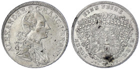 Altdeutsche Münzen und Medaillen - Brandenburg-Ansbach - Alexander, 1757-1791
Konventionstaler 1777 G, Schwabach. 27,91 g. sehr schön/vorzüglich, kl....