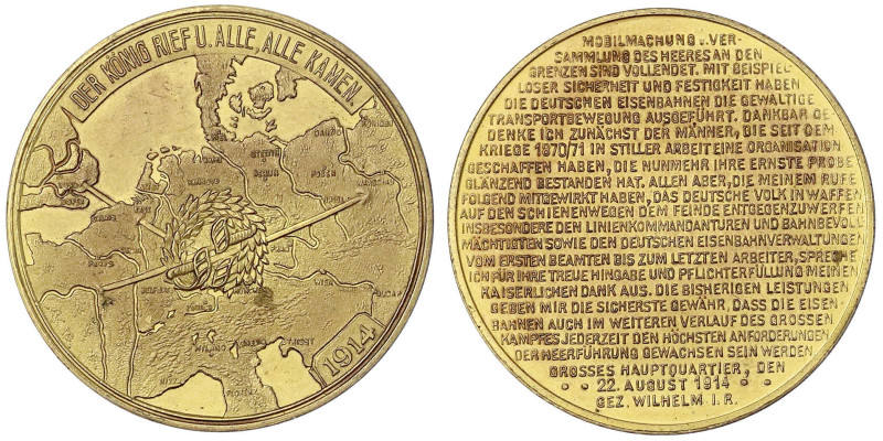 Medaillen - Erster Weltkrieg - 
Vergoldete Bronzemedaille 1914. Auf die Mobilma...