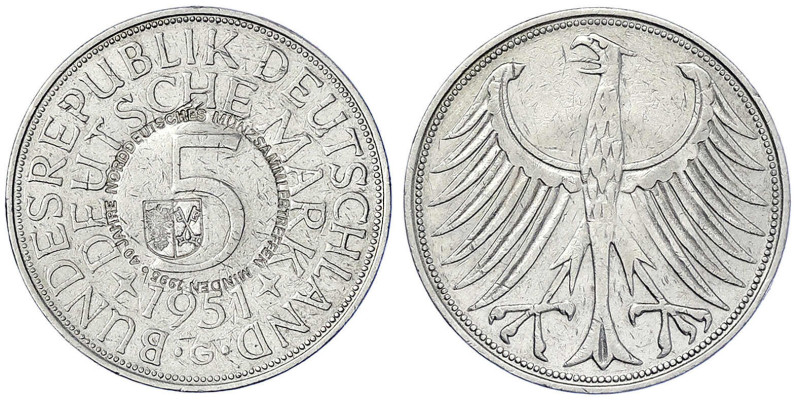 Medaillen - Numismatik - Minden
5 Mark 1951 G, mit Gegenstempel "40 Jahre Nordd...