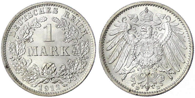 Reichskleinmünzen - 1 Mark großer Adler, Silber 1891-1916 - 
1912 D. Stempelgla...