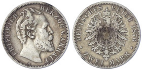 Reichssilbermünzen J. 19-178 - Anhalt - Friedrich I., 1871-1904
2 Mark 1876 A. fast sehr schön, Randfehler Jaeger 19.