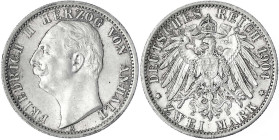Reichssilbermünzen J. 19-178 - Anhalt - Friedrich II., 1904-1918
2 Mark 1904 A. Regierungsantritt. fast Stempelglanz, feine Tönung Jaeger 22.