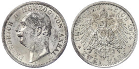 Reichssilbermünzen J. 19-178 - Anhalt - Friedrich II., 1904-1918
2 Mark 1904 A. Regierungsantritt. gutes vorzüglich aus Erstabschlag, leichte Patina ...