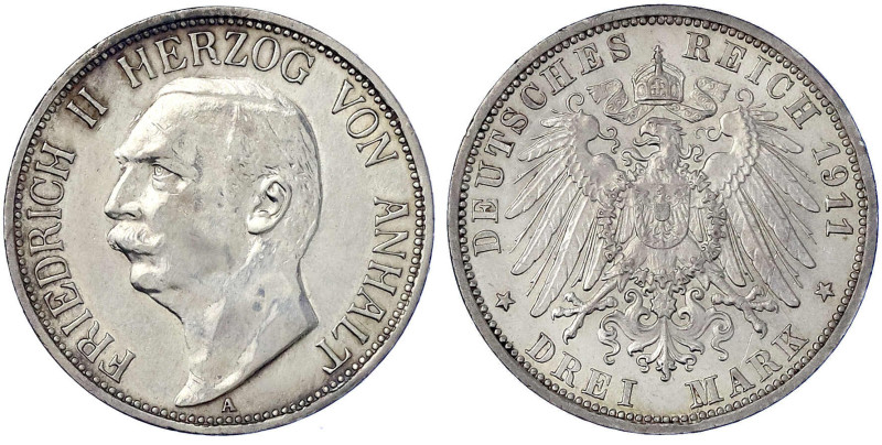 Reichssilbermünzen J. 19-178 - Anhalt - Friedrich II., 1904-1918
3 Mark 1911 A....