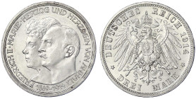 Reichssilbermünzen J. 19-178 - Anhalt - Friedrich II., 1904-1918
3 Mark 1914 A. Silberne Hochzeit. vorzüglich/Stempelglanz Jaeger 24.