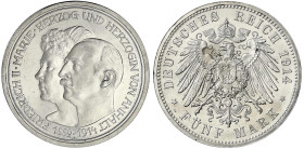 Reichssilbermünzen J. 19-178 - Anhalt - Friedrich II., 1904-1918
5 Mark 1914 A. Silberne Hochzeit. Polierte Platte, min. berührt Jaeger 25.