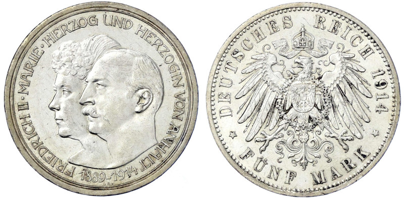 Reichssilbermünzen J. 19-178 - Anhalt - Friedrich II., 1904-1918
5 Mark 1914 A....