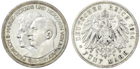 Reichssilbermünzen J. 19-178 - Anhalt - Friedrich II., 1904-1918
5 Mark 1914 A. Silberne Hochzeit. gutes vorzüglich, kl. Kratzer Jaeger 25.
