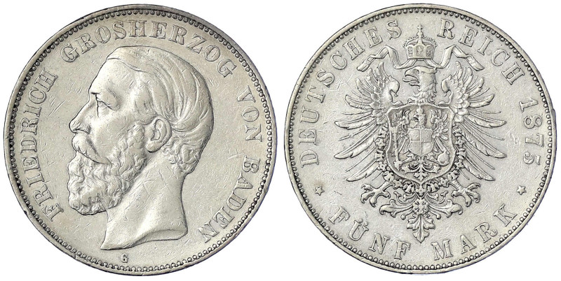 Reichssilbermünzen J. 19-178 - Baden - Friedrich I., 1856-1907
5 Mark 1875 G. s...