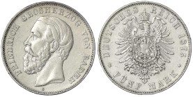 Reichssilbermünzen J. 19-178 - Baden - Friedrich I., 1856-1907
5 Mark 1875 G. sehr schön/vorzüglich, kl. Kratzer u. kl. Randfehler Jaeger 27.